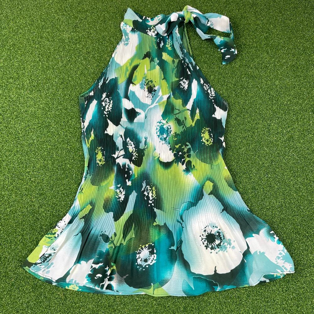 Cato Green Abstract Floral Summer Pleated Halter Mini Dress Sz M